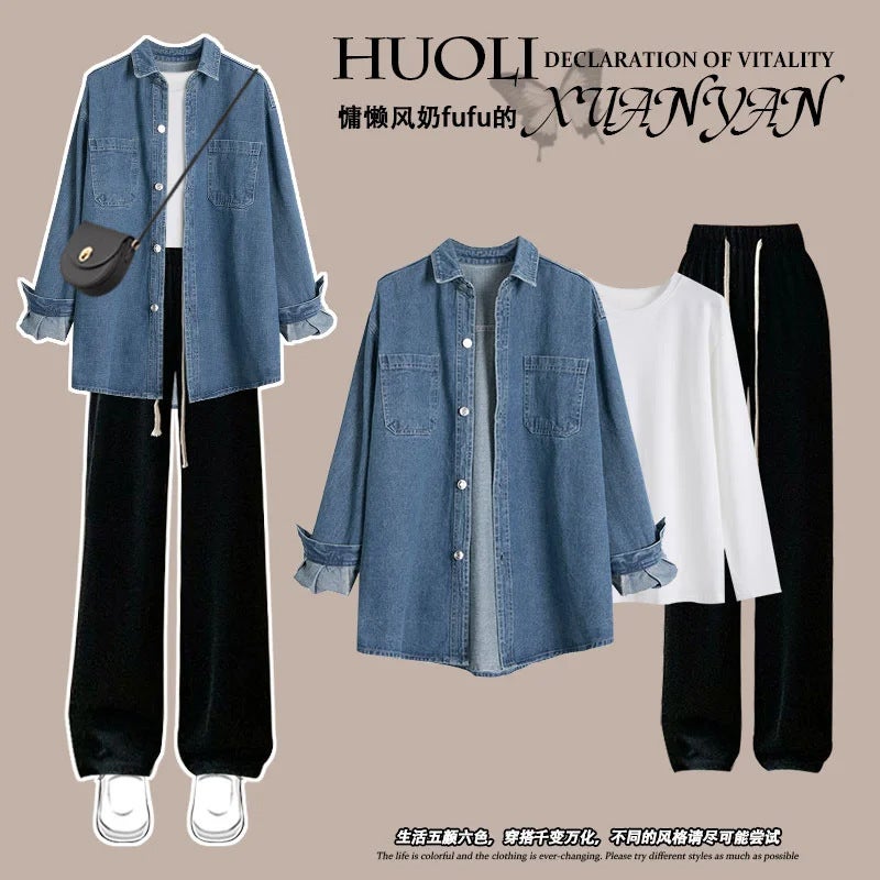 Spring 2024 Womens Denim Shirt and Casual Pants Set Black Pants [Single Piece]]