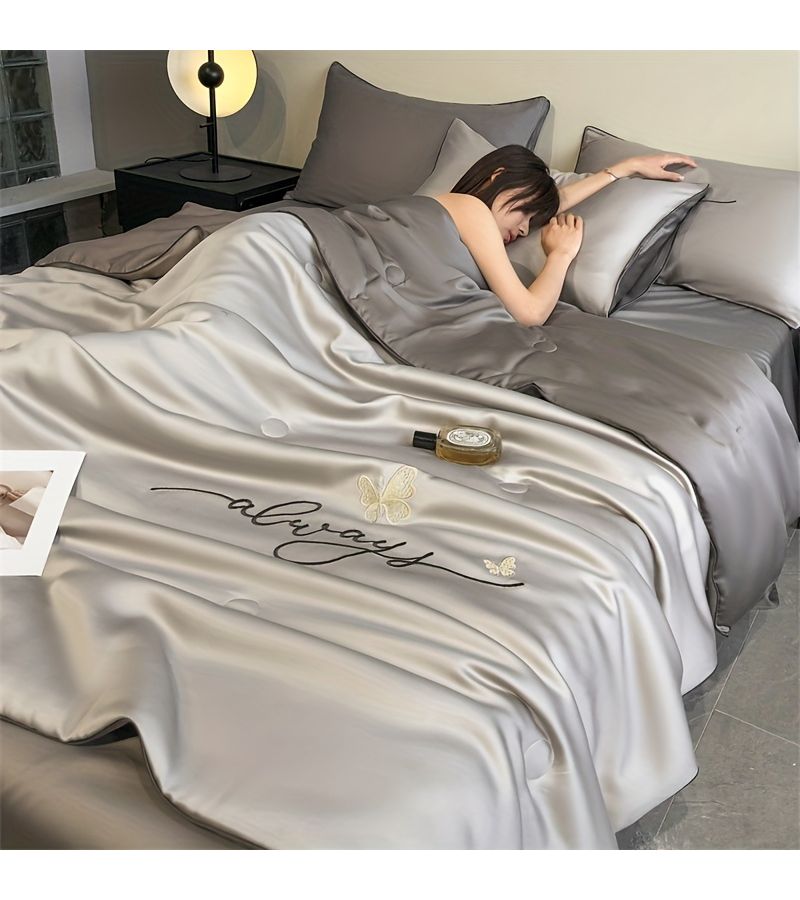 1pc Ultra Soft Summer Cool Quilt White 59.06 By 78.74 Inch Luxury Ice Fiber Fabric Embroidered Comfortable Air Conditioner Thin Bedding - Image 2