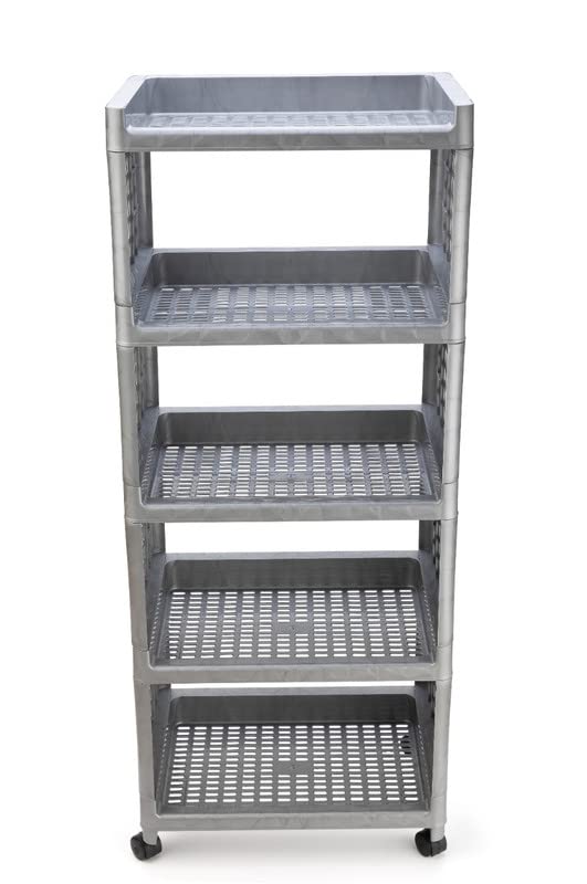 SORATH Rectangular 5 Layer MultiPurpose Kitchen Storage Basket Rack Trolley with Wheels for Kitchen Office Use EasytoMove Slide Out Stand Rack Fruits Vegetables Basket StandGrey - Image 1