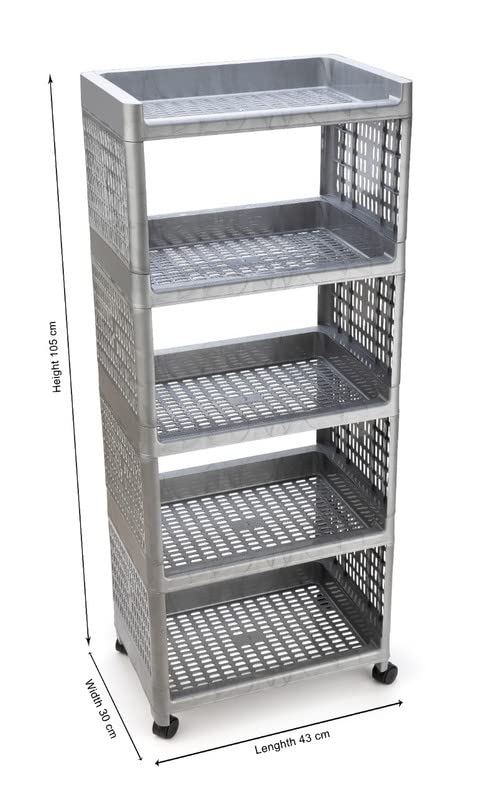 SORATH Rectangular 5 Layer MultiPurpose Kitchen Storage Basket Rack Trolley with Wheels for Kitchen Office Use EasytoMove Slide Out Stand Rack Fruits Vegetables Basket StandGrey - Image 3