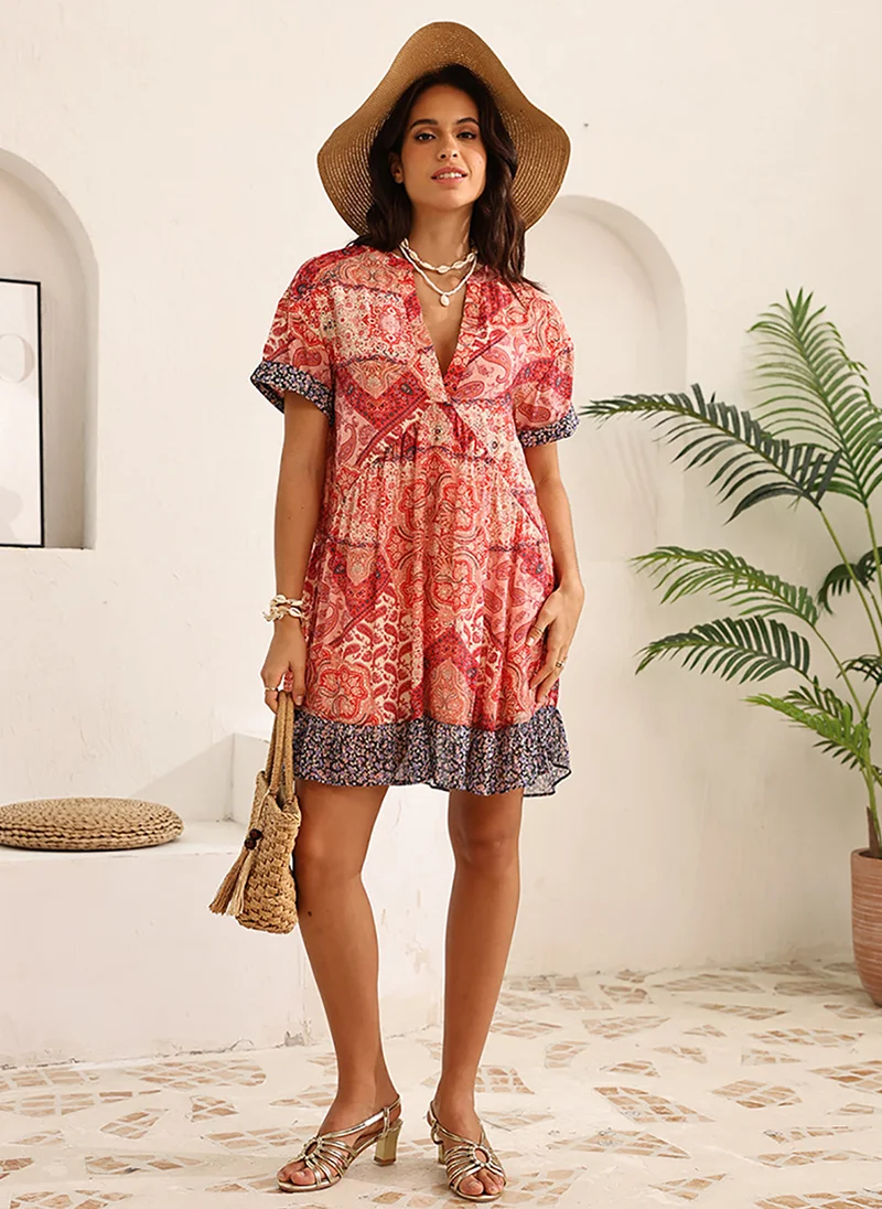 يونيكي Red A-Line Shirt Collar Above Knee Dress