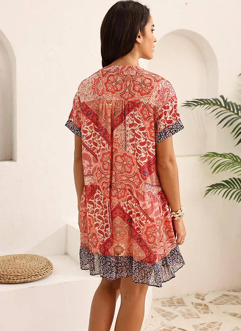 YUNIQEE Red A-Line Shirt Collar Above Knee Dress