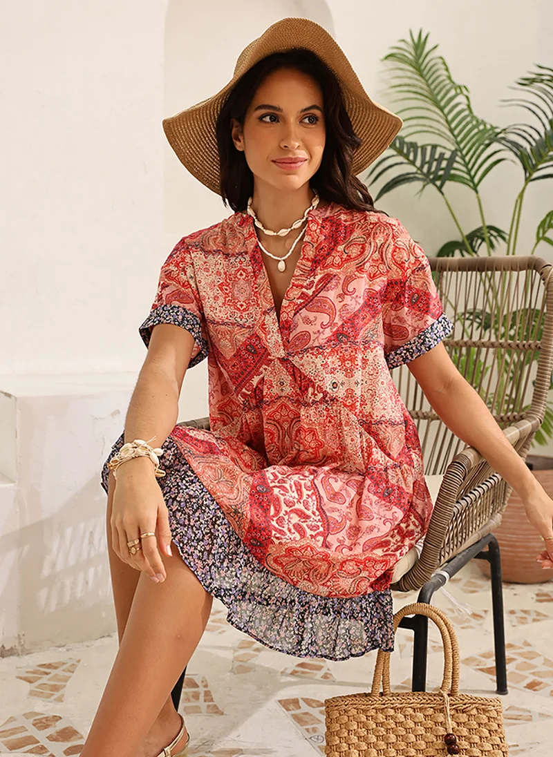 YUNIQEE Red A-Line Shirt Collar Above Knee Dress