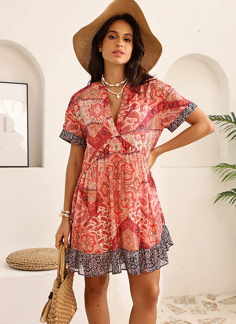 YUNIQEE Red A-Line Shirt Collar Above Knee Dress