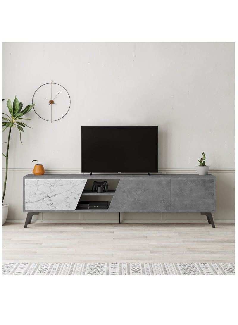 موراه خزانة تلفزيون "فيونا" من موراه هوم، حتى ٧٠ بوصة | خزانة تخزين بثلاثة أبواب وطابقين | وحدات تلفزيون لغرفة المعيشة | ١٨٠×٣٥٫٦×٤٨ سم | رخام رمادي/أبيض عتيق - Image 1