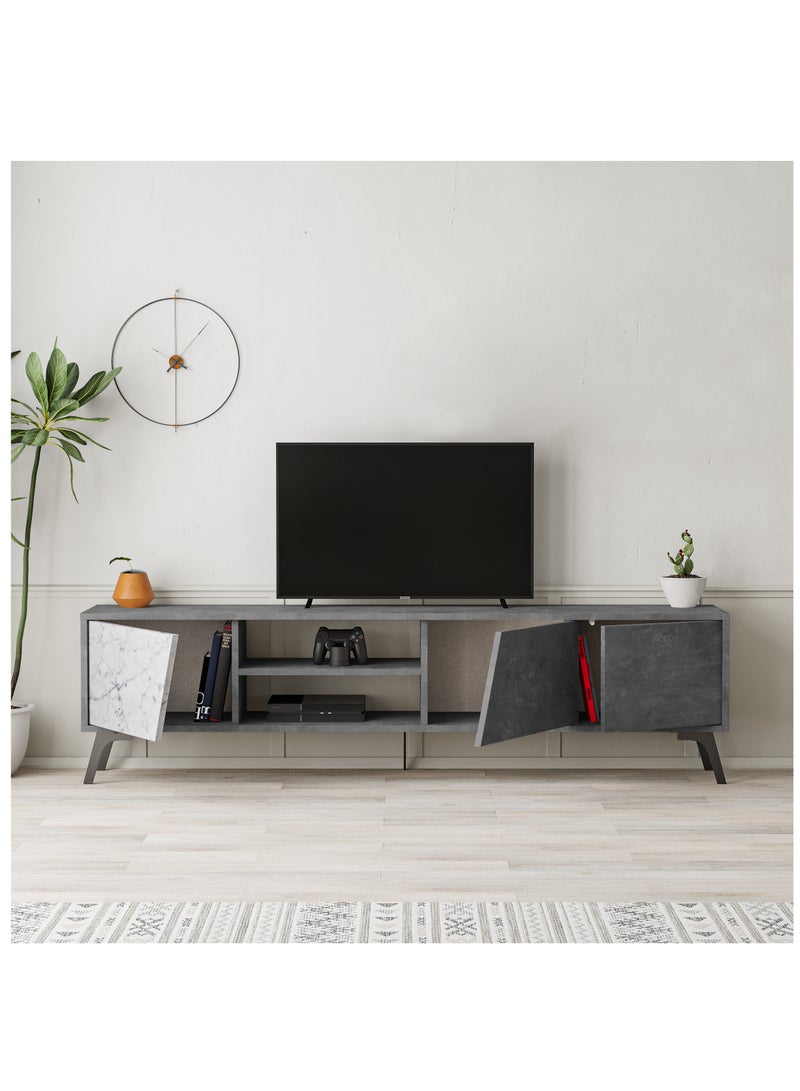 موراه خزانة تلفزيون "فيونا" من موراه هوم، حتى ٧٠ بوصة | خزانة تخزين بثلاثة أبواب وطابقين | وحدات تلفزيون لغرفة المعيشة | ١٨٠×٣٥٫٦×٤٨ سم | رخام رمادي/أبيض عتيق - Image 3