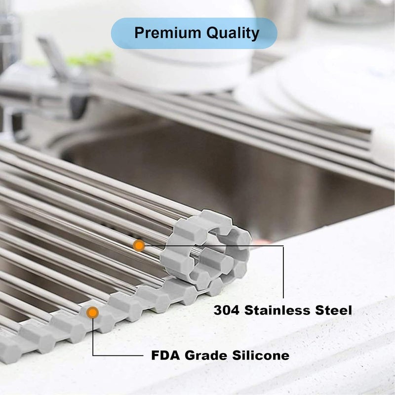 Searik Roll up Dish Drying Rack, Over The Sink Kitchen Sink Dish Rack Multipurpose Stainless Steel Dry Rack Dish Drainer Foldable Dish Drying Rack for Sink Counter (20.5"x13.8") - Image 3