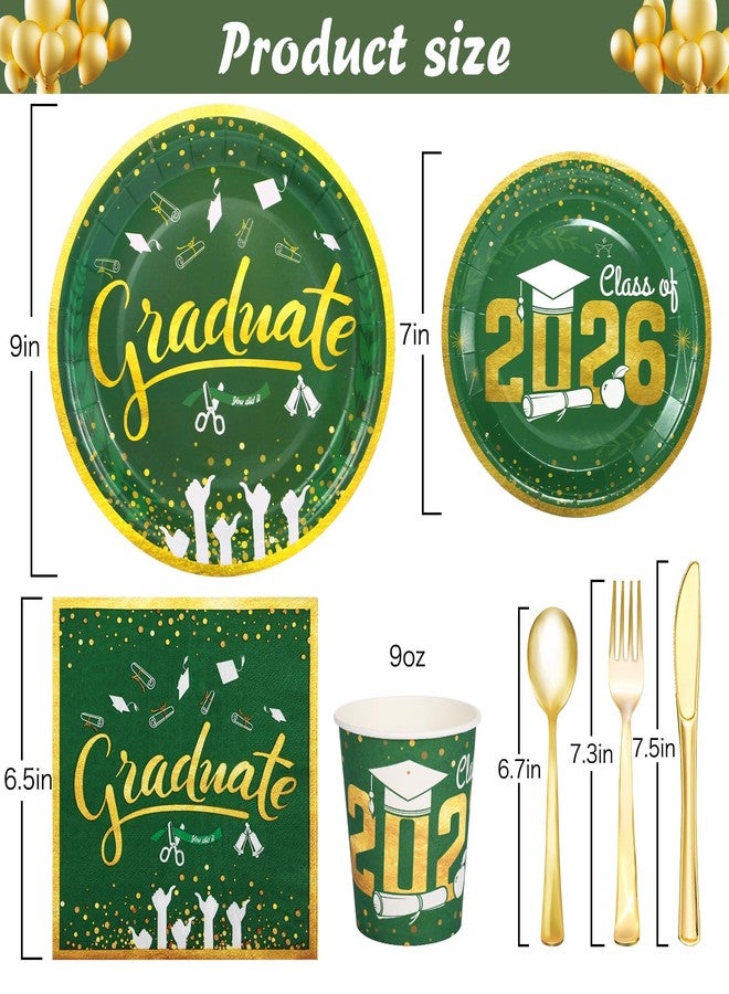 LOOWVY Graduation Plates and Napkins 2026 Graduation Party Supplies - Green and Gold Paper Plates Tableware Set for Congrats Grad Graduation Party Decorations, Serves 24 - Image 2