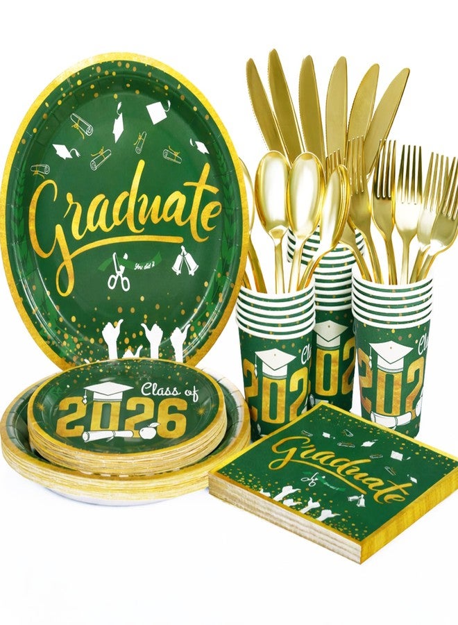 LOOWVY Graduation Plates and Napkins 2026 Graduation Party Supplies - Green and Gold Paper Plates Tableware Set for Congrats Grad Graduation Party Decorations, Serves 24 - Image 1