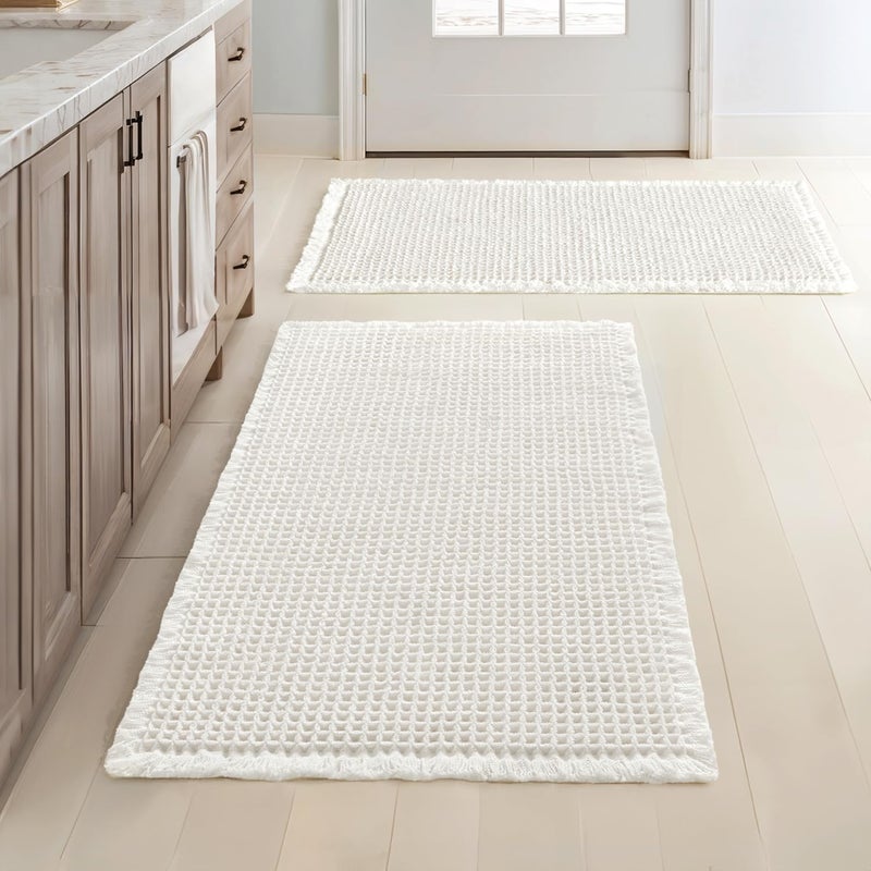 MIULEE Set of 2 Waffle Bathroom Rugs, Boho Bath Rugs Non Slip Washable, Super Absorbent Bath Mats, Ultra Soft Rubber Backed Shower Mats for Bathroom Floor, Tub and Shower, White, 18x30 Inch - Image 1