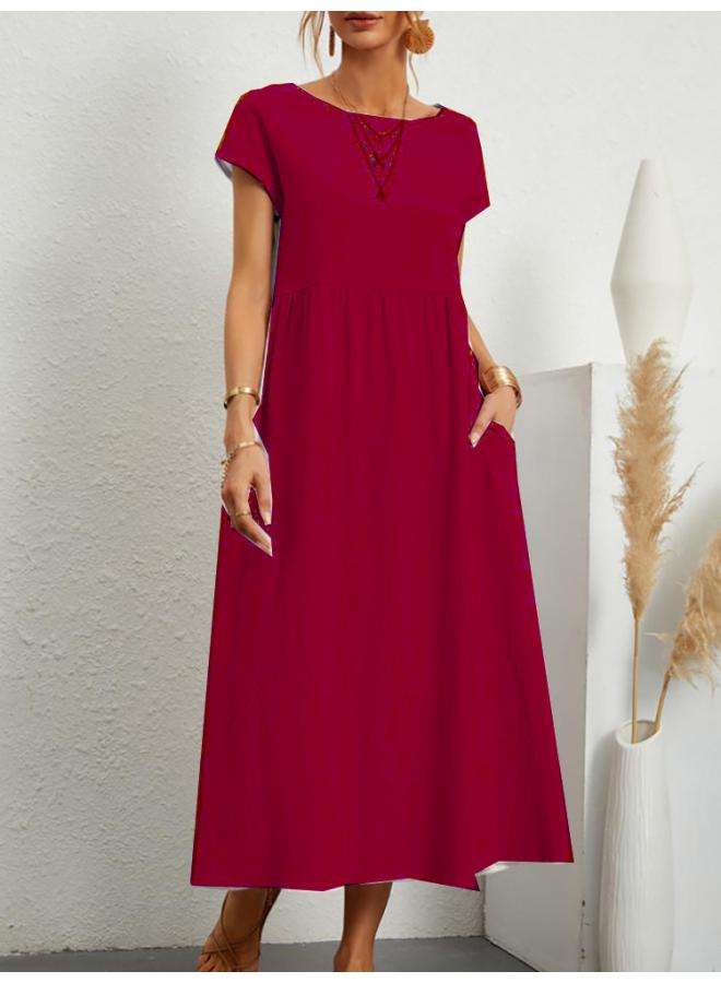 New European And American Solid Color Sleeveless Loose Cotton And Linen Pocket Women's Dress Spot 