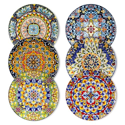 vancasso Salad Plates Set of 6-8.5 Inch Ceramic Dessert Plate, Small Dinner Plate Set, Microwave, Oven and Dishwasher Safe, Colorful Bohemian Style Dishes for Kitchen - Image 1