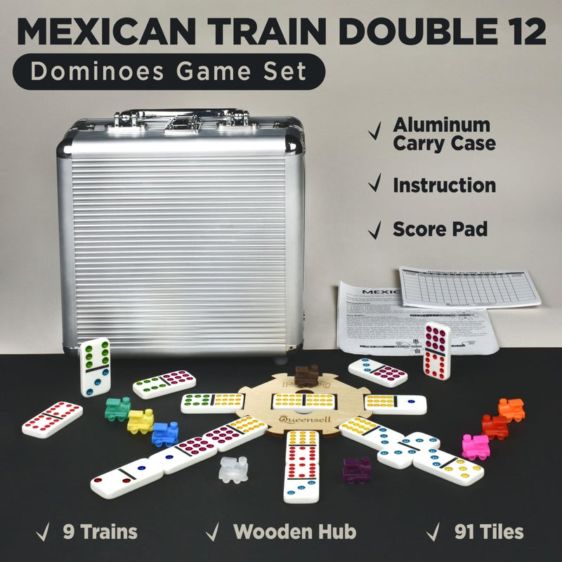 Queensell Mexican Train Dominoes Set with Wooden Hub, Domino Tile Board Games - Double 12 Dominos Set for Family Game Night for Adults and Kids Ages 8 and up (Double 12) - Image 2