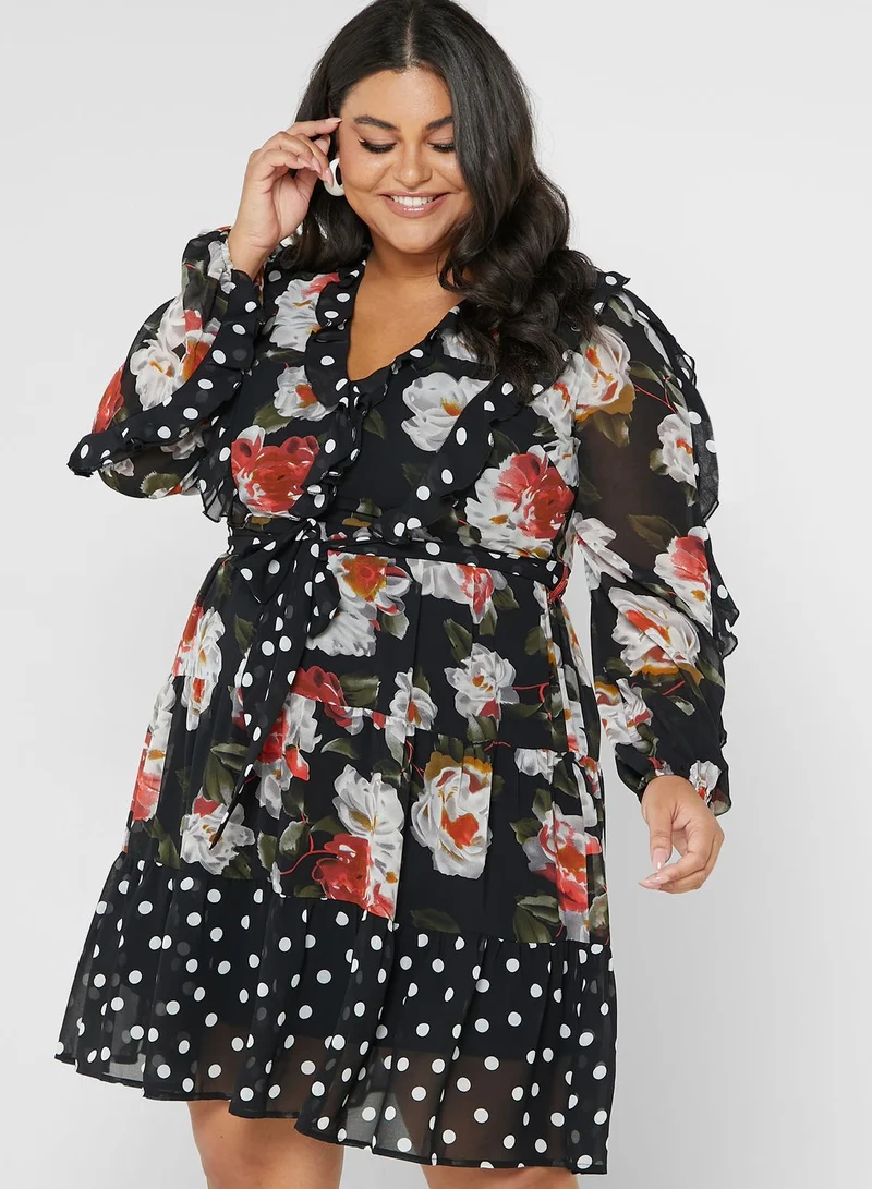 lovedrobe Balloon Sleeve Floral Print Ruffle Detail Dress