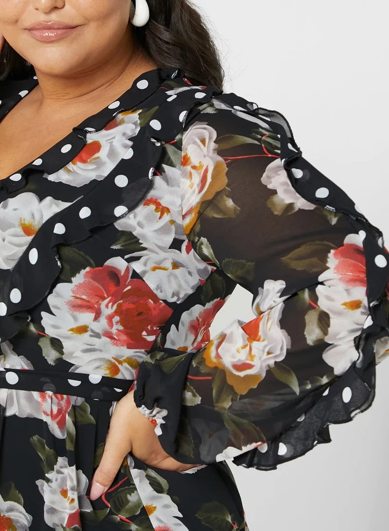 lovedrobe Balloon Sleeve Floral Print Ruffle Detail Dress