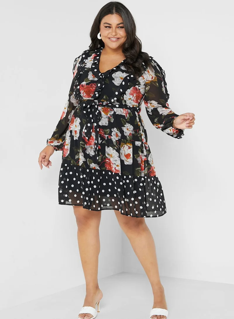 lovedrobe Balloon Sleeve Floral Print Ruffle Detail Dress