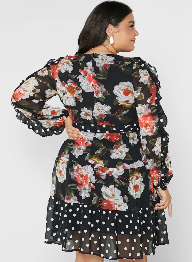 lovedrobe Balloon Sleeve Floral Print Ruffle Detail Dress