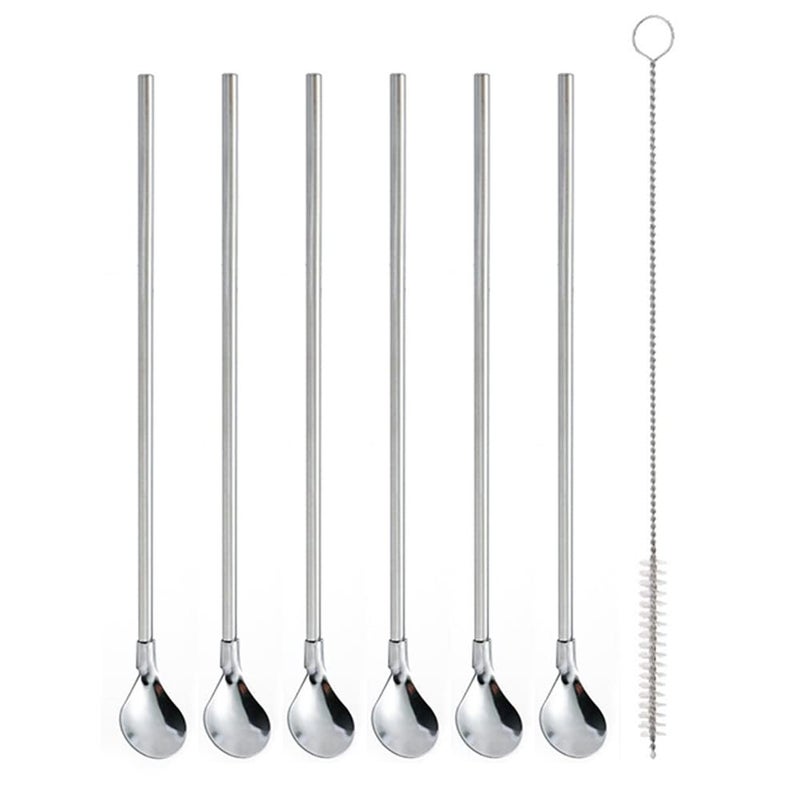 ERCRYSTO Reusable Stainless Steel Long Handle Straws Spoon 6 Pieces 86 with 1 Cleaning Brush circular