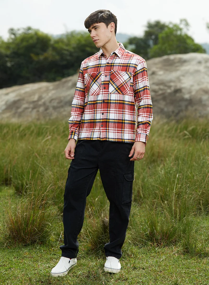 Campus Sutra Men's Scarlet Red & Daisy White Check Utility Shirt