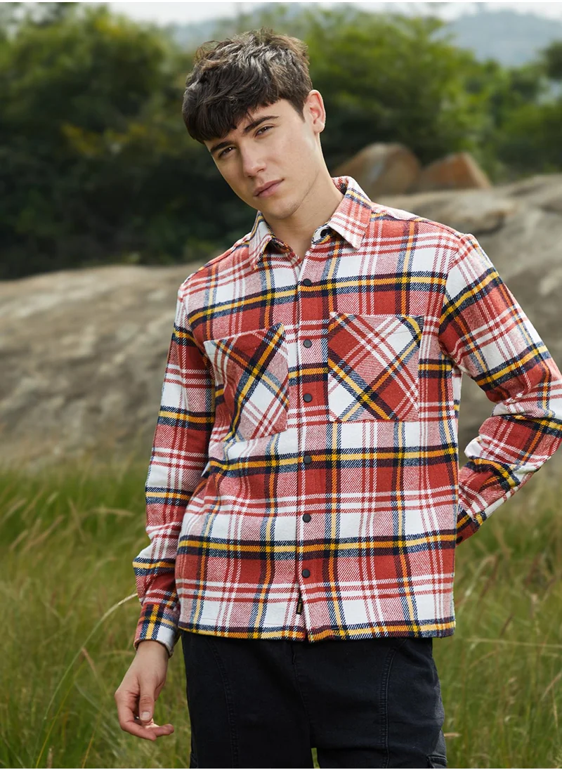 كامبوس سوترا Men's Scarlet Red & Daisy White Check Utility Shirt