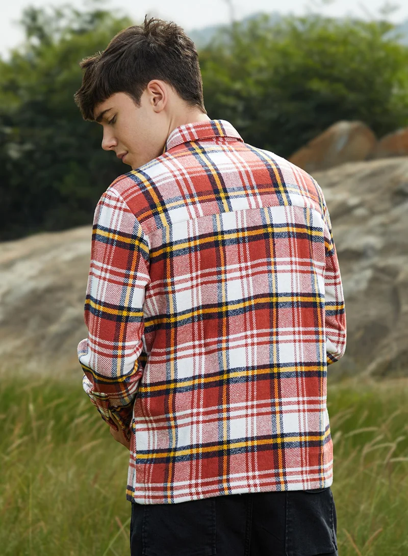Campus Sutra Men's Scarlet Red & Daisy White Check Utility Shirt