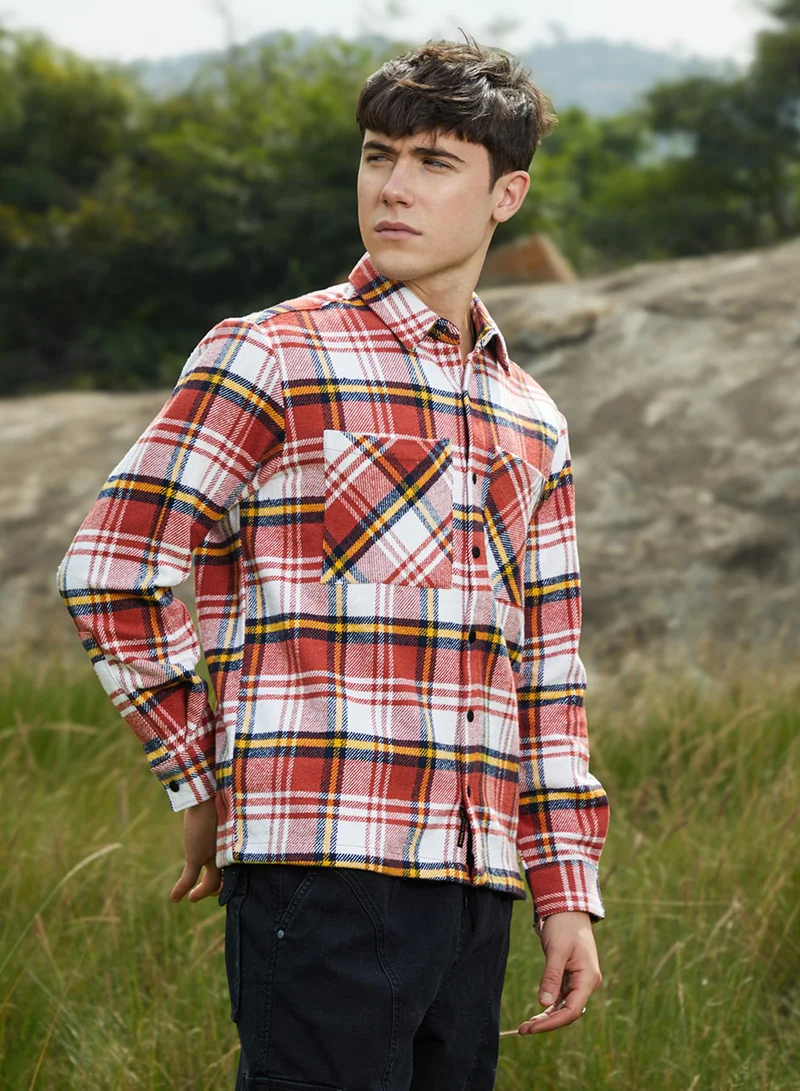 Campus Sutra Men's Scarlet Red & Daisy White Check Utility Shirt