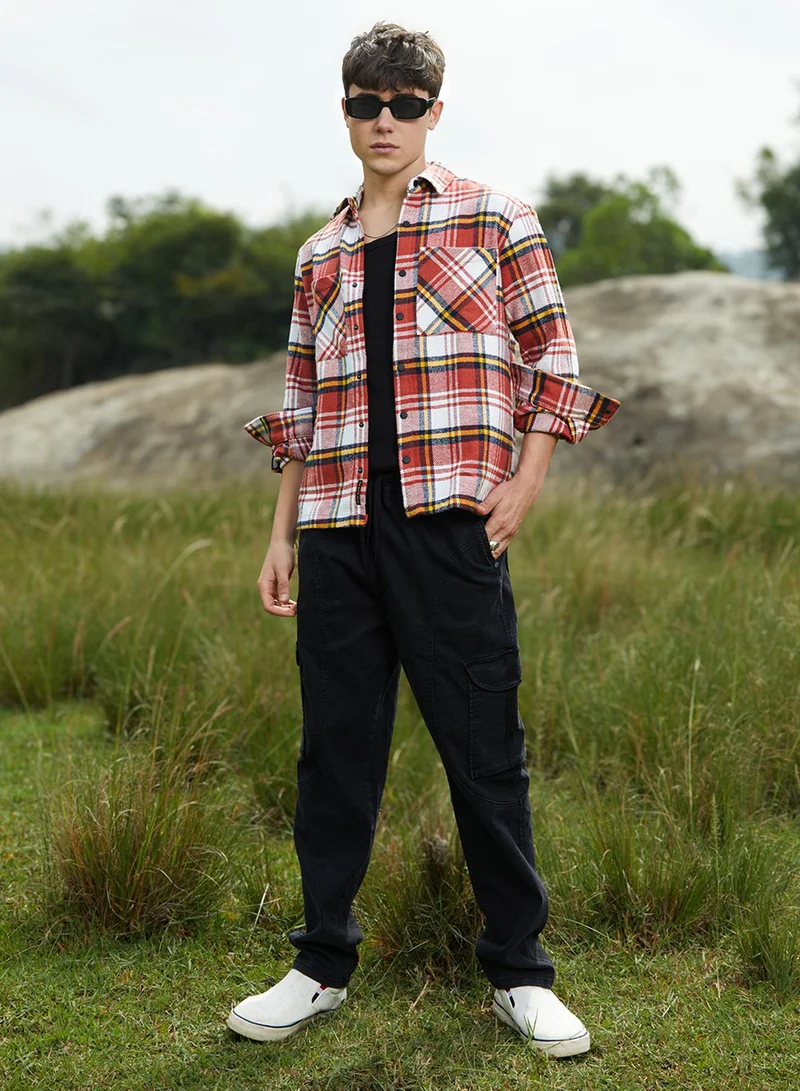 Campus Sutra Men's Scarlet Red & Daisy White Check Utility Shirt
