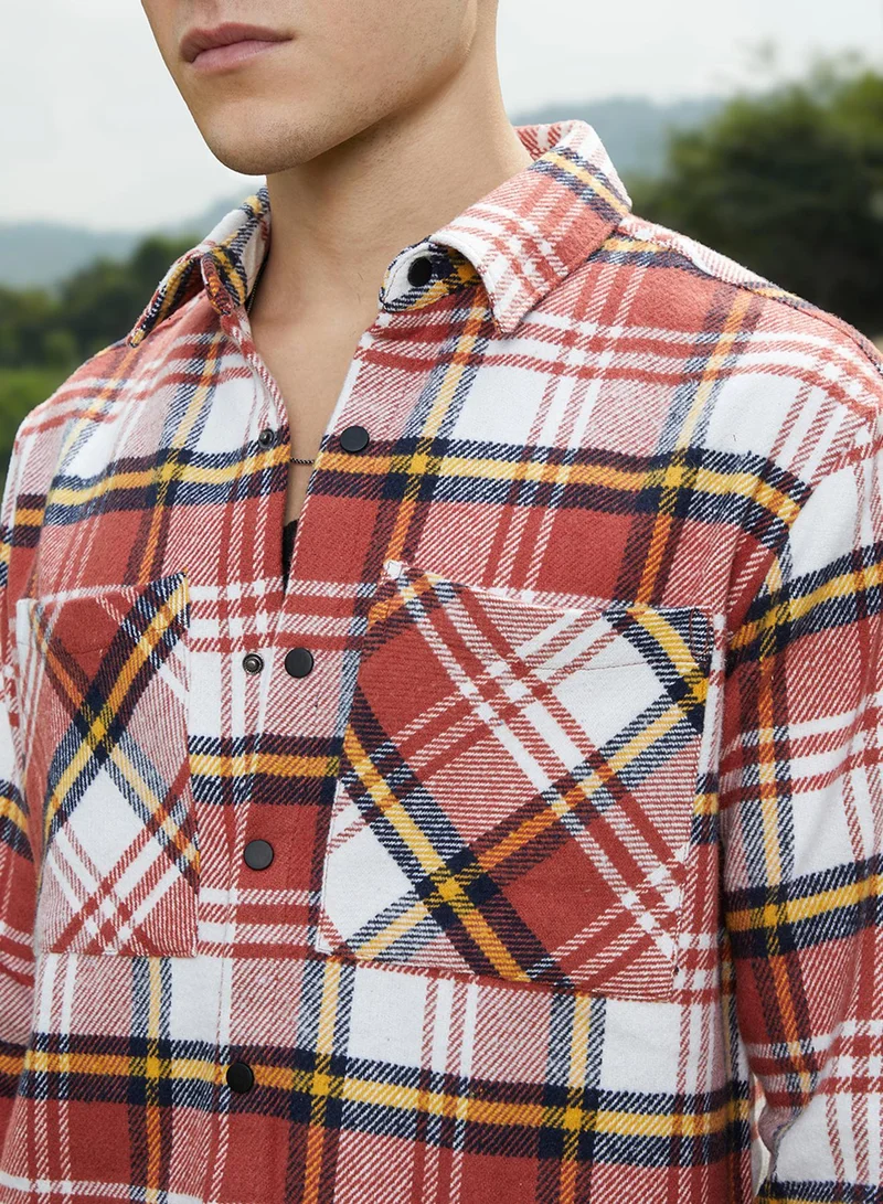 Campus Sutra Men's Scarlet Red & Daisy White Check Utility Shirt