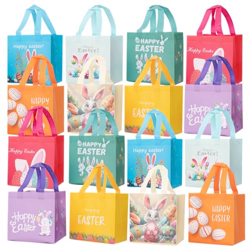 Linelglobal Easter Gift Bag with Handle Happy Easter Non-Woven Bag for Kid Reusable Easter Tote Bag for Egg Hunt Bunny Carrot Chick 16 Pack - Image 1