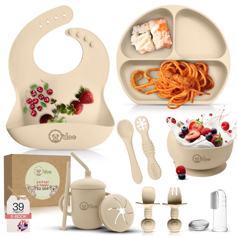 o'doe 11-Piece BPA-Free Silicone Solid Baby Feeding Set | Thick & Soft Suction Plates, Baby Food Bowl, Wooden Fork & Spoon, And More | Make Mealtime Fun And Easy For Your Little One | Beige V1 - Image 1