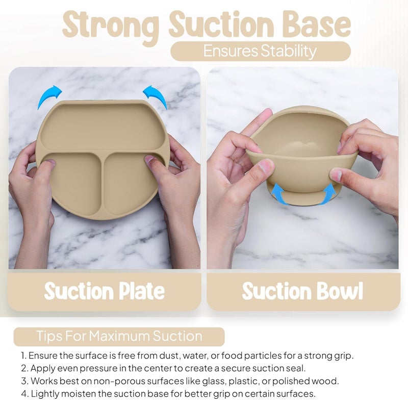 o'doe 11-Piece BPA-Free Silicone Solid Baby Feeding Set | Thick & Soft Suction Plates, Baby Food Bowl, Wooden Fork & Spoon, And More | Make Mealtime Fun And Easy For Your Little One | Beige V1 - Image 3
