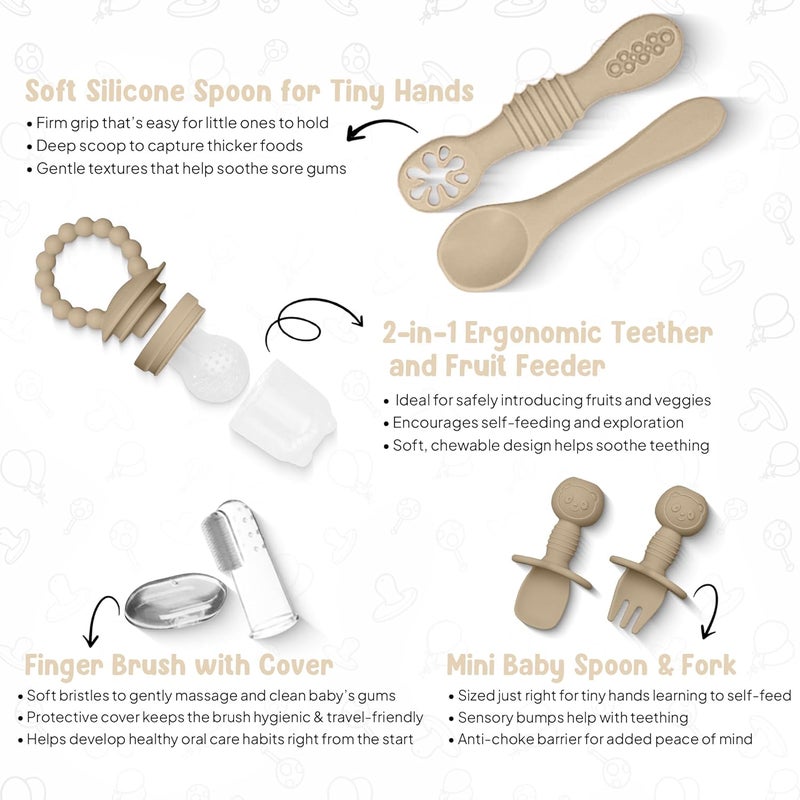 o'doe 11-Piece BPA-Free Silicone Solid Baby Feeding Set | Thick & Soft Suction Plates, Baby Food Bowl, Wooden Fork & Spoon, And More | Make Mealtime Fun And Easy For Your Little One | Beige V1 - Image 4