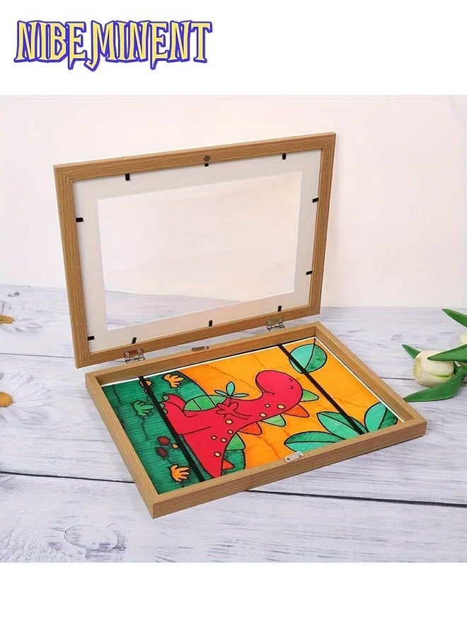 NIBEMINENT إطار عرض فني مغناطيسي A4 قطعة واحدة - فتح أمامي، تصميم قابل للطي لرسومات وصور الشباب - ديكور جداري متعدد الاستخدامات بموضوع كرتوني للمنزل والمكتب، فن جداري كرتوني (خشب) - Image 3