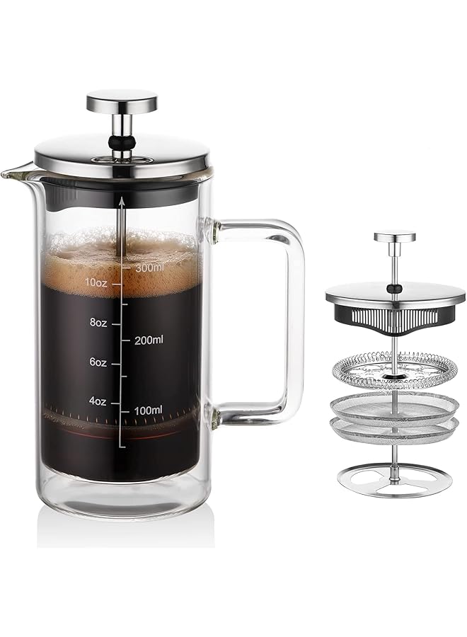 إيروريكس ماكينة تحضير القهوة الفرنسية كافيتيير 350 مل، 3 أكواب، ماكينة تحضير القهوة ذات الجدار المزدوج المقاومة للحرارة مع فلتر من الفولاذ المقاوم للصدأ على 4 مستويات، 12 أونصة - Image 1