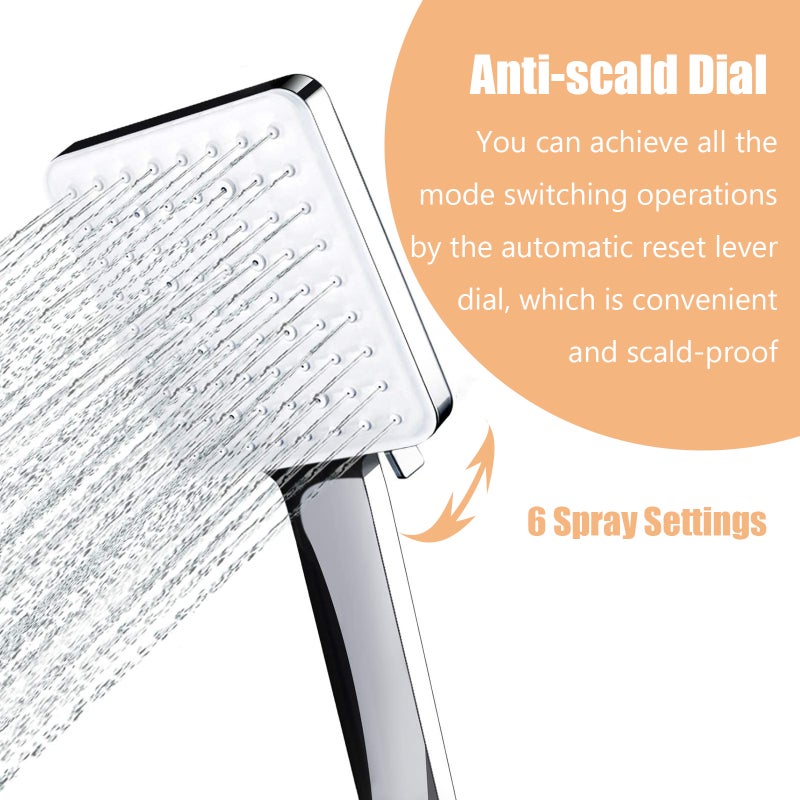 Handheld Shower Head: Silver Ultra-Thin Square, High Pressure 6 Spray Settings, Anti-Scald Easy Clean - Tool-Free Quick Installation, Rainfall Shower Head for Home Bathroom Low Water Pressure Situatio - Image 5