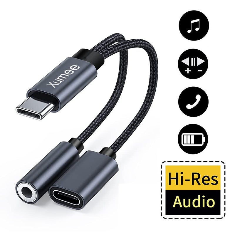 Xumee USB Type C to 3.5mm Headphone and Charger Adapter, 2-in-1 USB C to Aux Audio Jack Hi-Res DAC and Fast Charging Dongle Cable Compatible with iPhone 16/15 Pro Max,Galaxy S25 S24 Ultra (Grey) - Image 2
