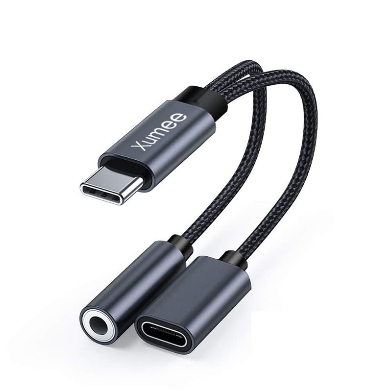 Xumee USB Type C to 3.5mm Headphone and Charger Adapter, 2-in-1 USB C to Aux Audio Jack Hi-Res DAC and Fast Charging Dongle Cable Compatible with iPhone 16/15 Pro Max,Galaxy S25 S24 Ultra (Grey) - Image 1