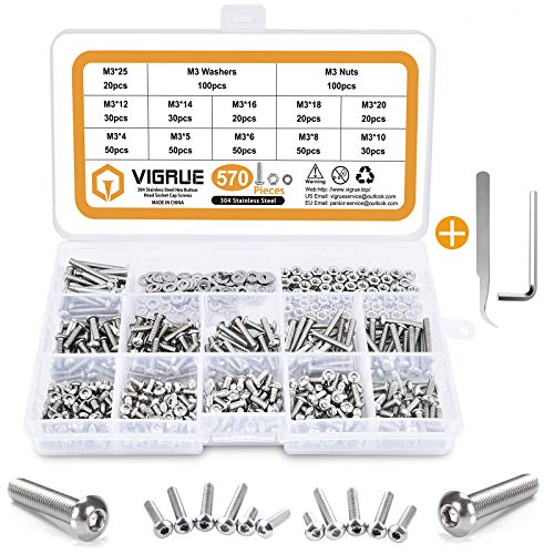 VIGRUE 570PCS Stainless Steel M3 Button Head Hex Socket Cap Screw Bolts, M3 x 4/5/6/8/10/12/14/16/18/20/25mm Screw and Nuts Flat Washer Assortment Kit, Fully Machine Thread - Image 1
