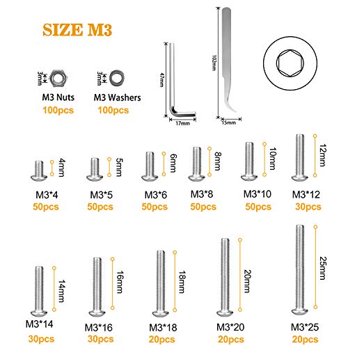 VIGRUE 570PCS Stainless Steel M3 Button Head Hex Socket Cap Screw Bolts, M3 x 4/5/6/8/10/12/14/16/18/20/25mm Screw and Nuts Flat Washer Assortment Kit, Fully Machine Thread - Image 2