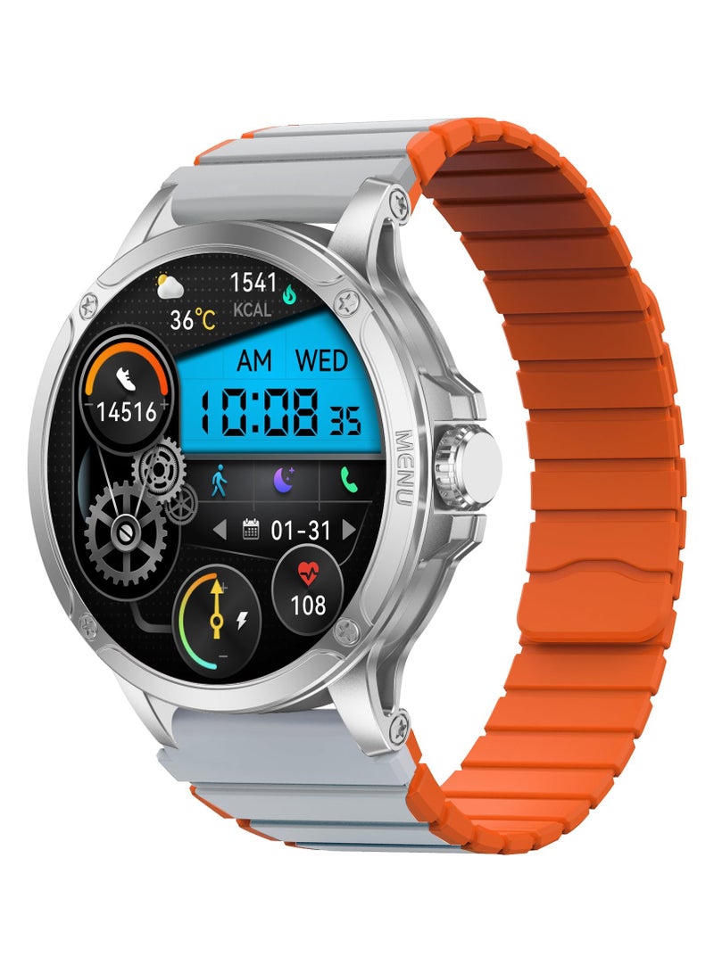 ماكسويل للالكترونيات ماكسويل MW ألفا ساعة ذكية، 40 يومًا من وقت الاستعداد، تدعم إجراء المكالمات والرد عليها، الرسائل النصية عبر BT5.2، مقاومة للماء بمعيار IP68، شاشة Super AMOLED ريتينا، أكثر من 100 وضع رياضي، متوافقة مع iOS وAndroid، مناسبة للجنسين (فضي/برتقالي) - Image 1