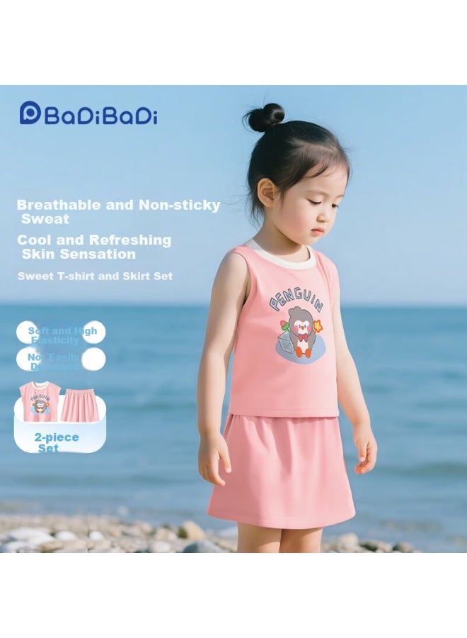 Badibadi Summer Baby Girl Outfit Set With Short-sleeve T-shirt And Skirt, Pink, Ice Cube Penguin, Size 80 - Image 1