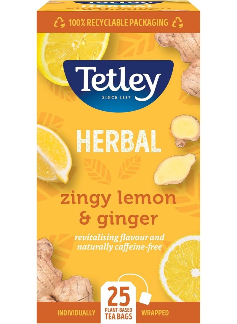 Tetley Herbal Zingy Lemon & Ginger 25 Plant Based Tea Bags 50g - Image 1