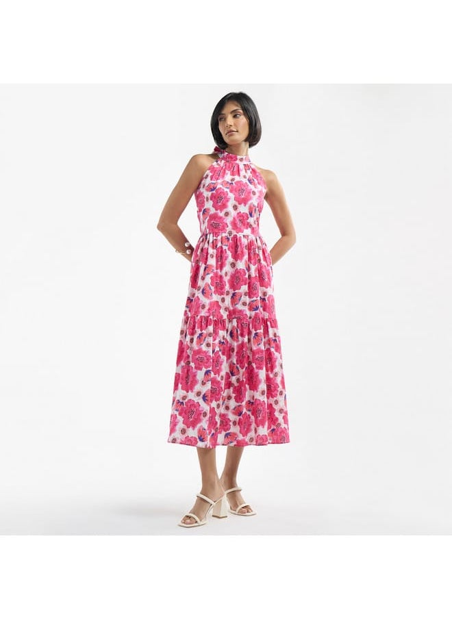FAV All-Over Floral Print Halter Neck Tiered Dress with Tie-Ups  - Image 2