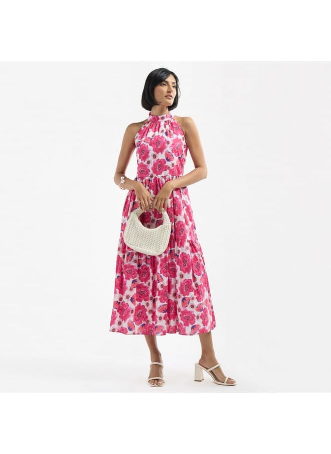 FAV All-Over Floral Print Halter Neck Tiered Dress with Tie-Ups  - Image 1