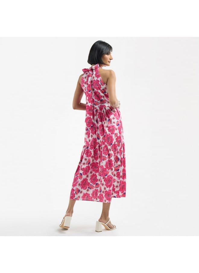 FAV All-Over Floral Print Halter Neck Tiered Dress with Tie-Ups  - Image 3