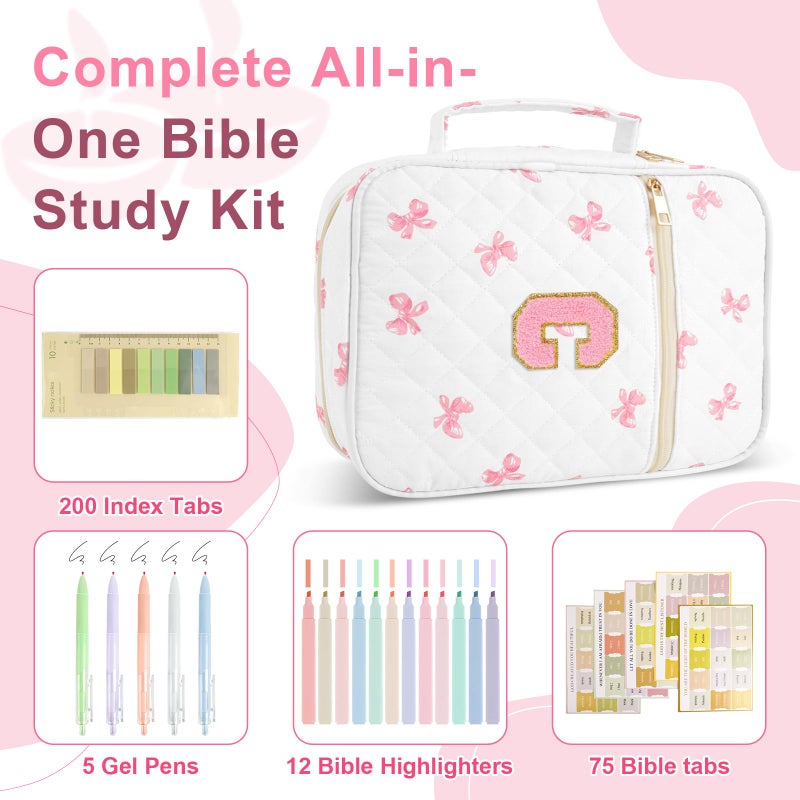 Iqimott Personalized Initial Bible Cover Case for Women Girls Kid - Large Quilted Bible Case with Handle, Stylish Chenille Letter Bag Study Supplies, Perfect Christmas Gifts for Christians Women (Pink Bow-C) - Image 3