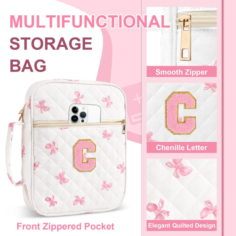 Iqimott Personalized Initial Bible Cover Case for Women Girls Kid - Large Quilted Bible Case with Handle, Stylish Chenille Letter Bag Study Supplies, Perfect Christmas Gifts for Christians Women (Pink Bow-C) - Image 5