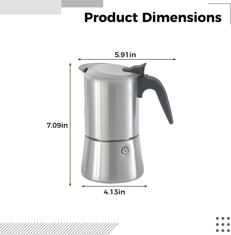 Italian Coffee Maker Moka Pot 10.14 Oz / 300 Ml, 304 Stainless Steel, Double Valve Design, Stovetop Maker, Large 4-6 Cup for Home, Outdoor - Image 2