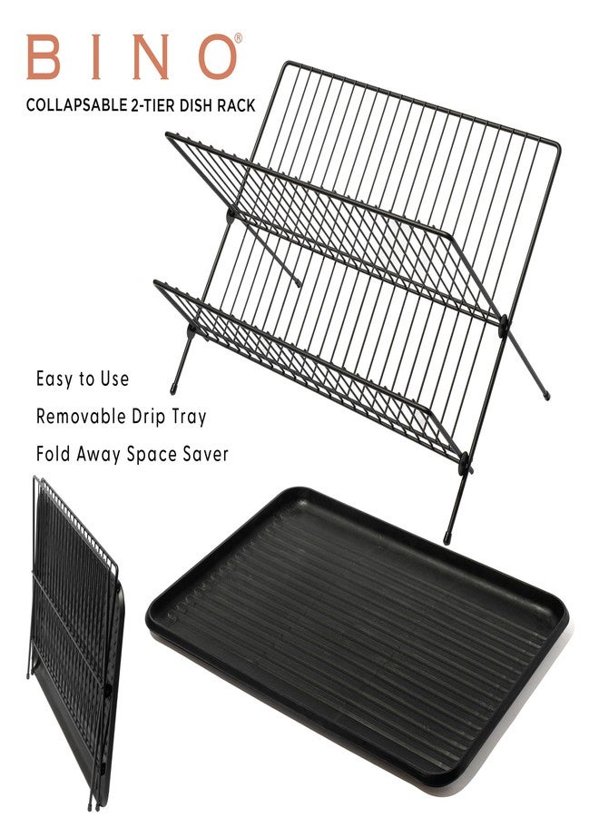 BINO 2-Tier Collapsible Dish Rack with Tray - Matte Black | Dish Drainer Kitchen Plate | Holders for Cups & Plates | Foldable Rack for Kitchen Countertop | Storage and Organization - Image 3