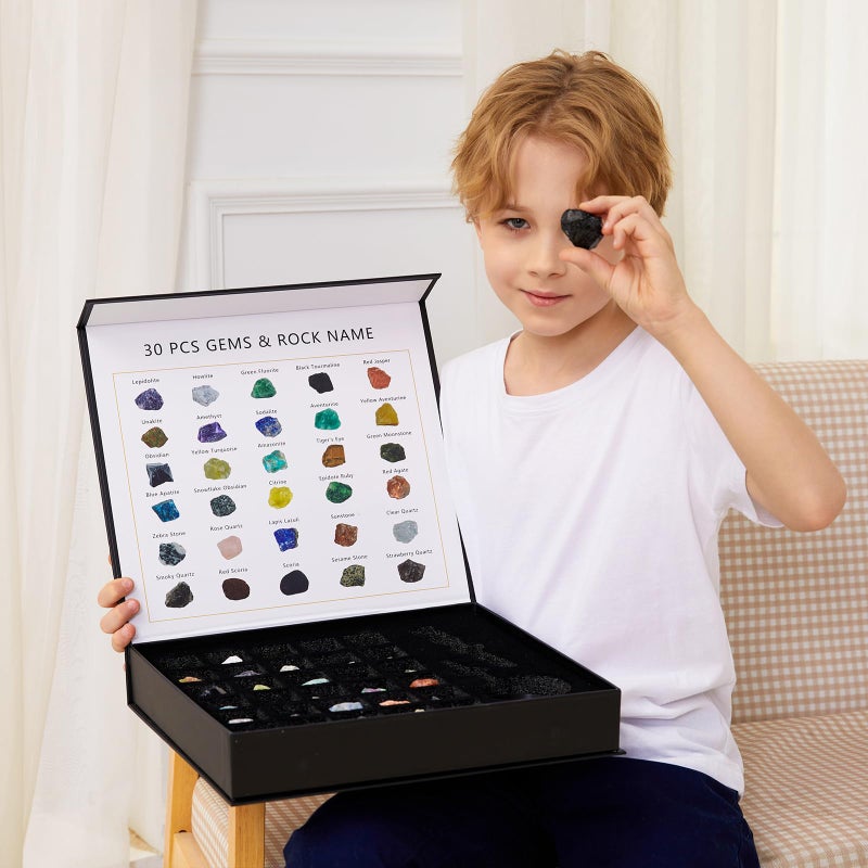YXZZWL Rock Collection for Kids - 30 Pcs Rocks, Gemstones & Crystals Kit with Learning Guide,Mineral Education Set Geology Science STEM Toys, Earth Science Activity,Gifts for Boys & Girls - Image 2